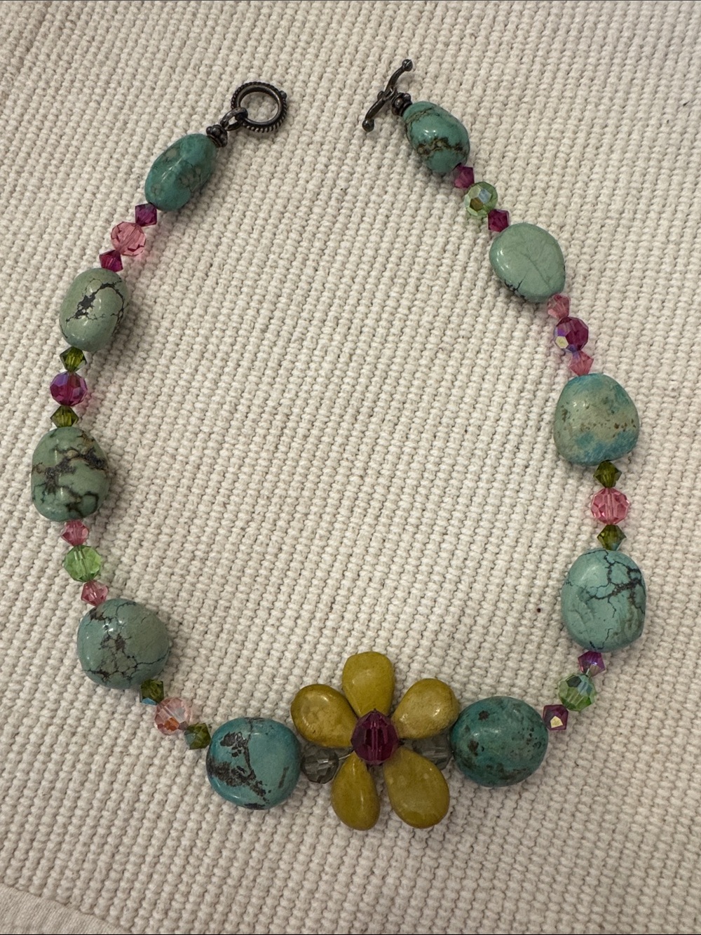 Stone and Bead Necklace with Yellow Flower Accent - Women